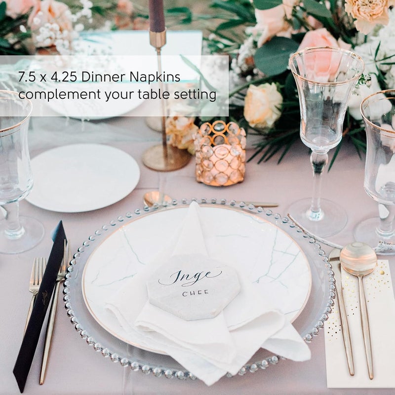The Essential Concierge 100 Pack Gold & White Disposable Napkins, 7.5 x 4.25 Inch, 3-Ply Paper Napkins for Party, Wedding, or Everyday Use - Image 5